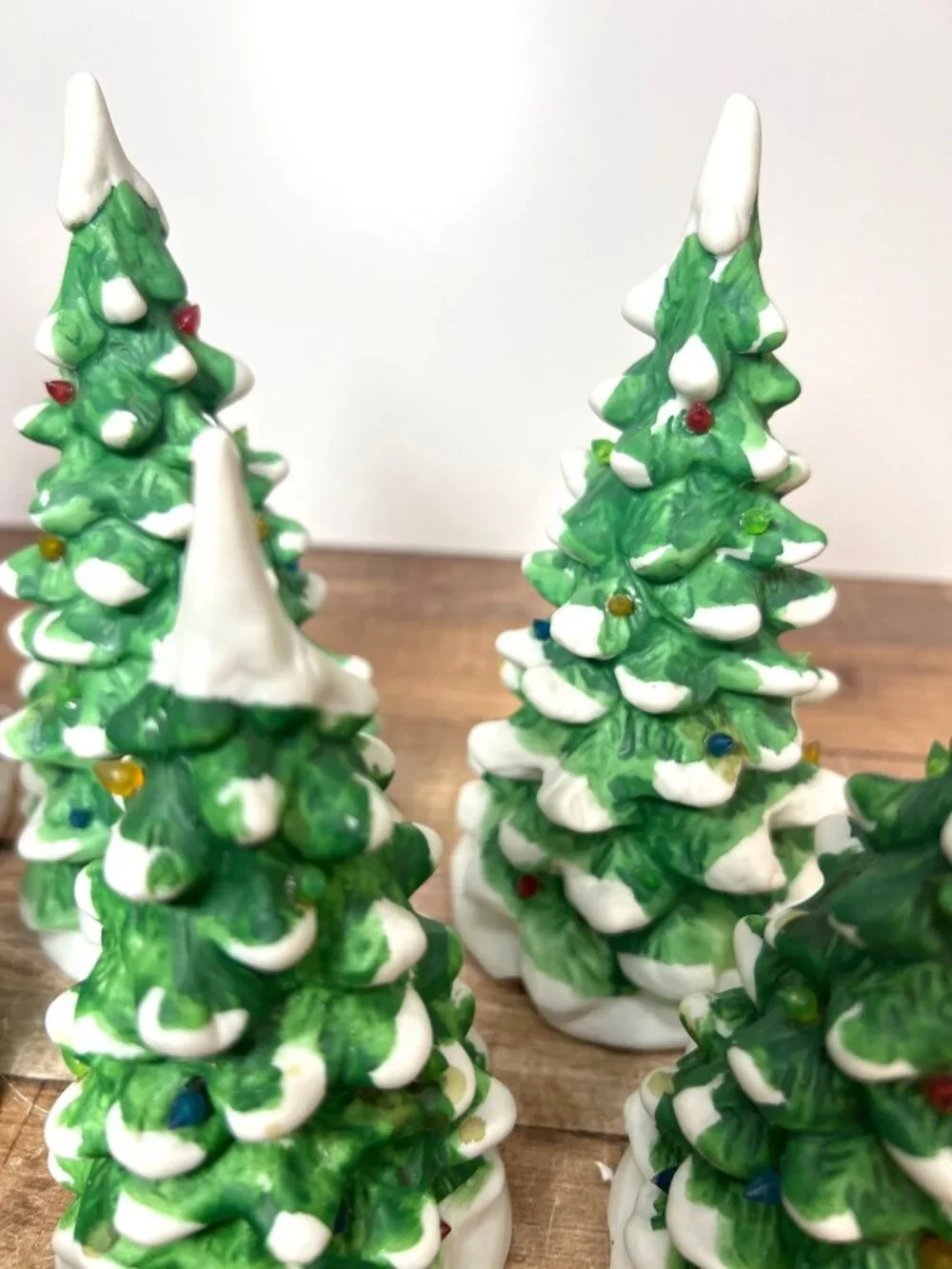 Lemax Set Of 10 Ceramic Christmas Trees With Snow Accents Multiple Sizes